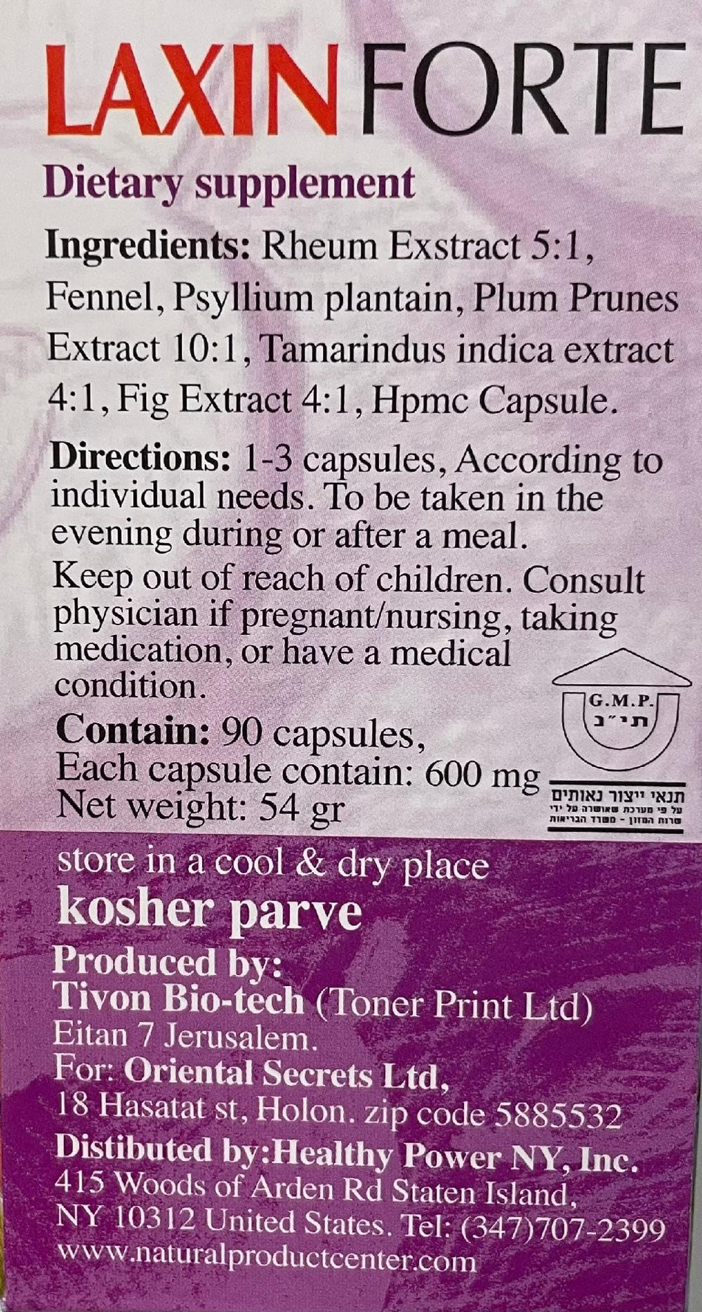 Laxin Forte ingredients label shows psyllium and prune blend