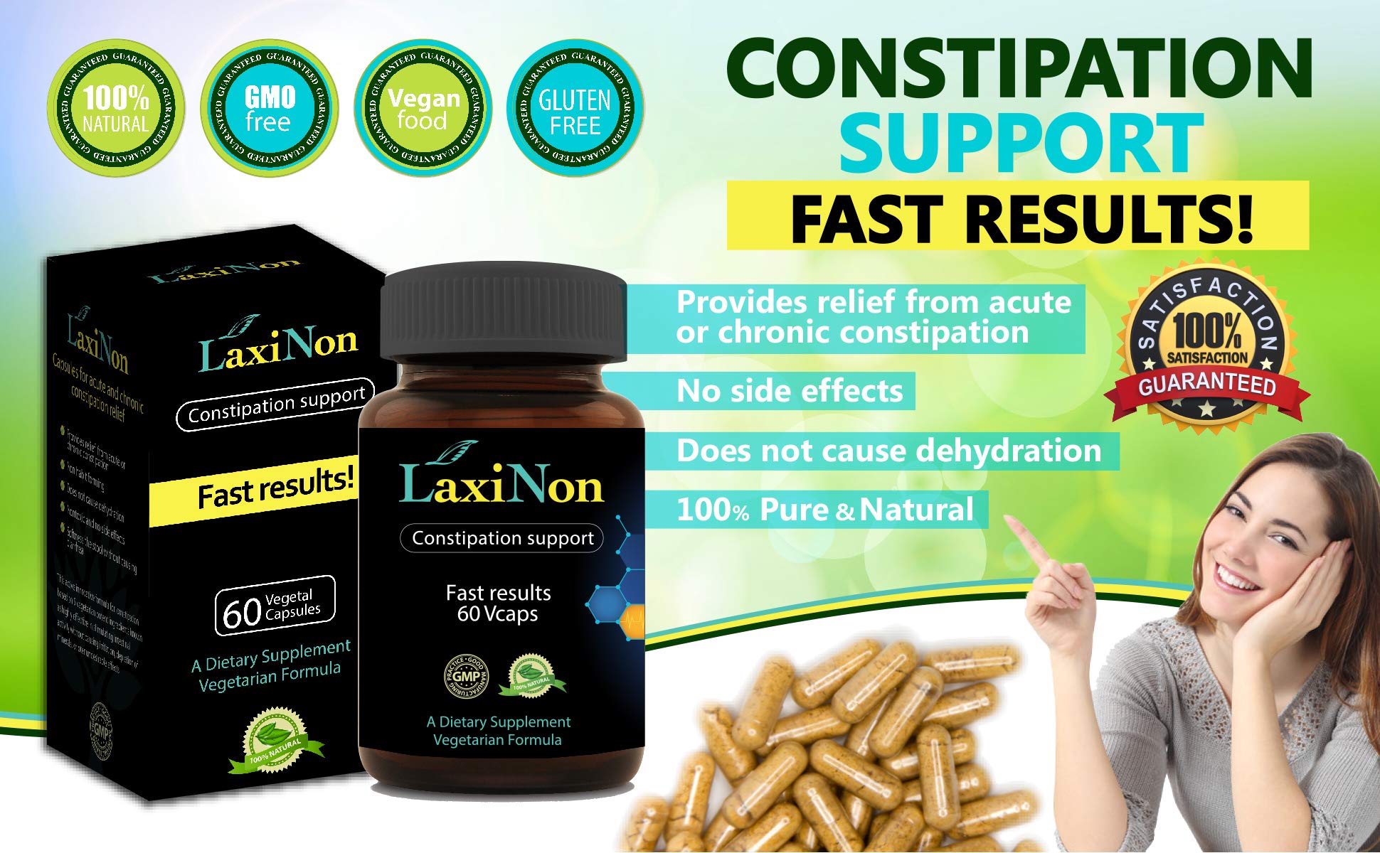 Laxinon natural laxative bottle closeup reveals herbal ingredients for comfort