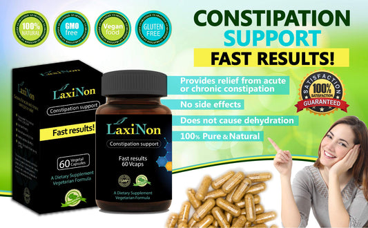 Laxinon natural laxative bottle closeup reveals herbal ingredients for comfort