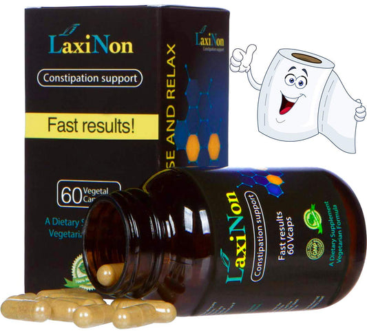 Laxinon natural laxative bottle pour showing gentle herbal relief on demand