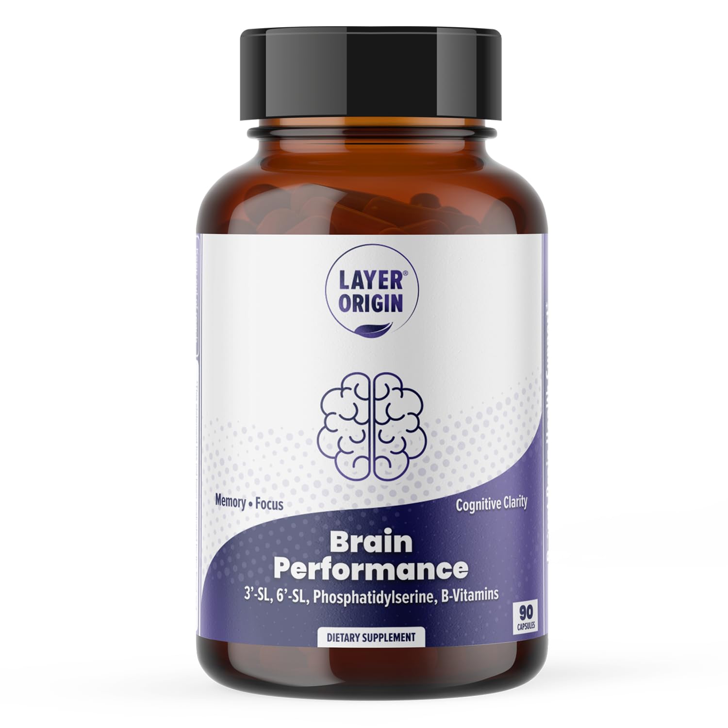 Layer Origin Brain Performance bottle highlights 3'SL and 6'SL for focused mental clarity.