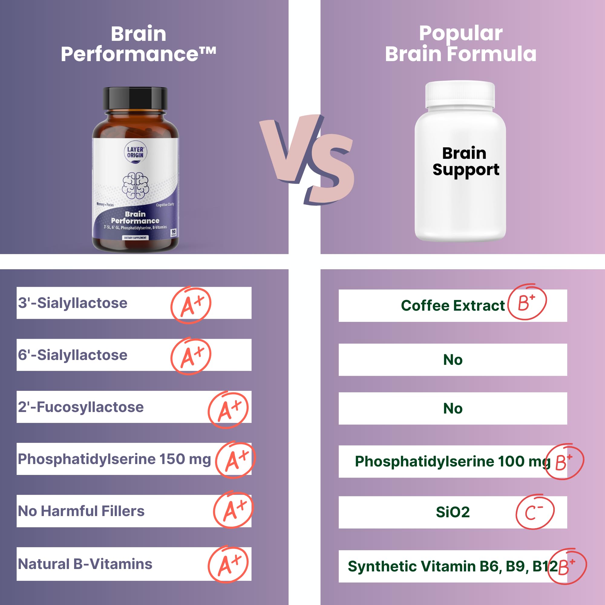 Layer Origin Brain Performance close-up shows HMO prebiotics supporting gut-brain health.