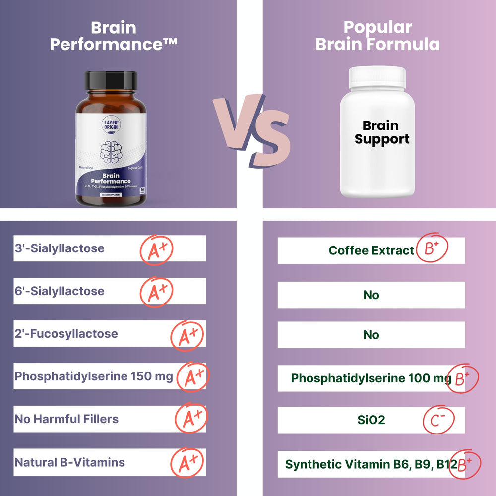 Layer Origin Brain Performance close-up shows HMO prebiotics supporting gut-brain health.