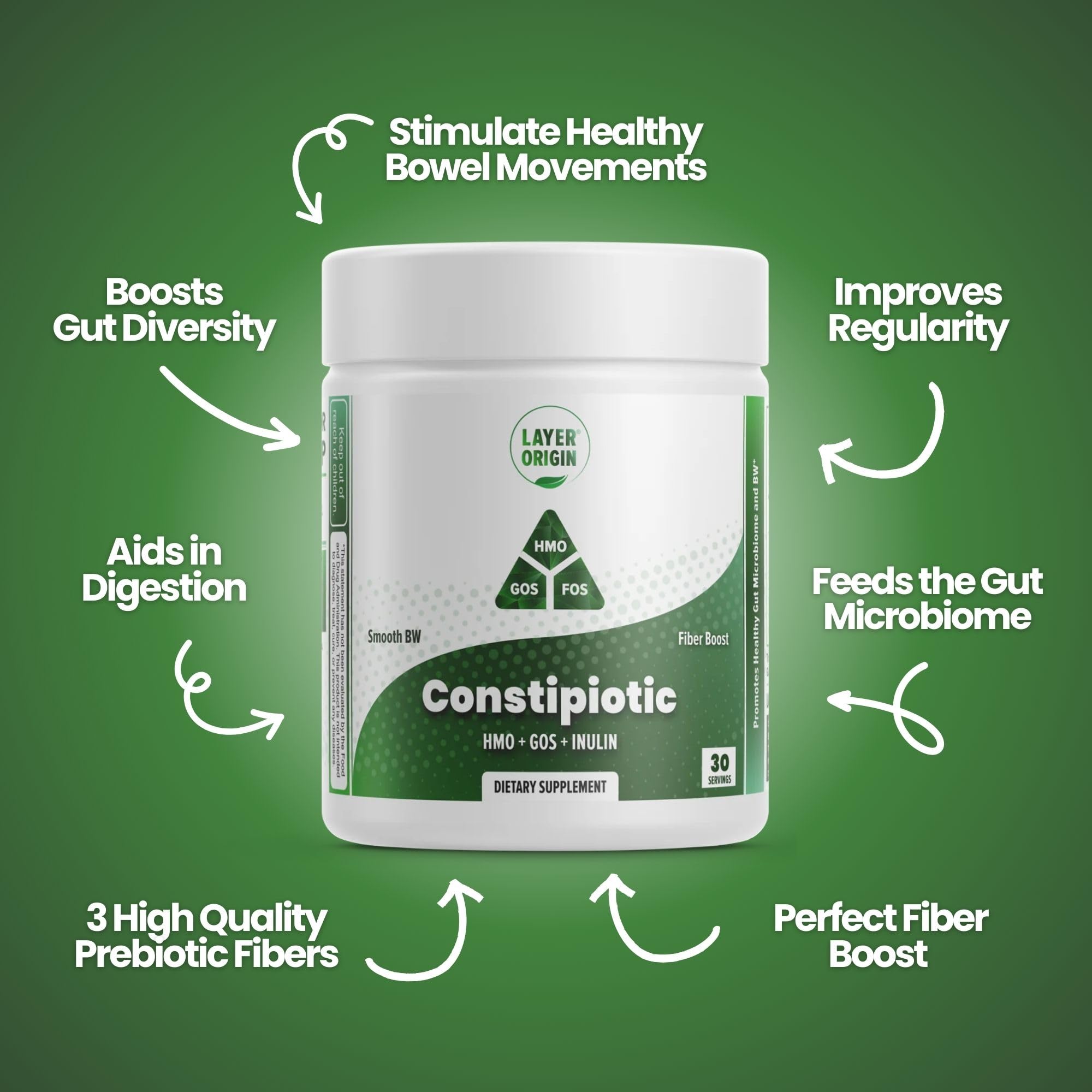 Layer Origin Constipiotic HMO 2FL close-up highlighting gut-friendly prebiotics.