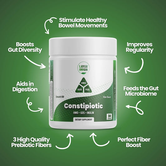 Layer Origin Constipiotic HMO 2FL close-up highlighting gut-friendly prebiotics.