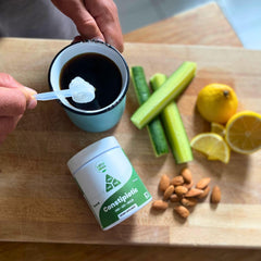 Layer Origin Constipiotic unflavored powder stirred into beverages without altering taste.