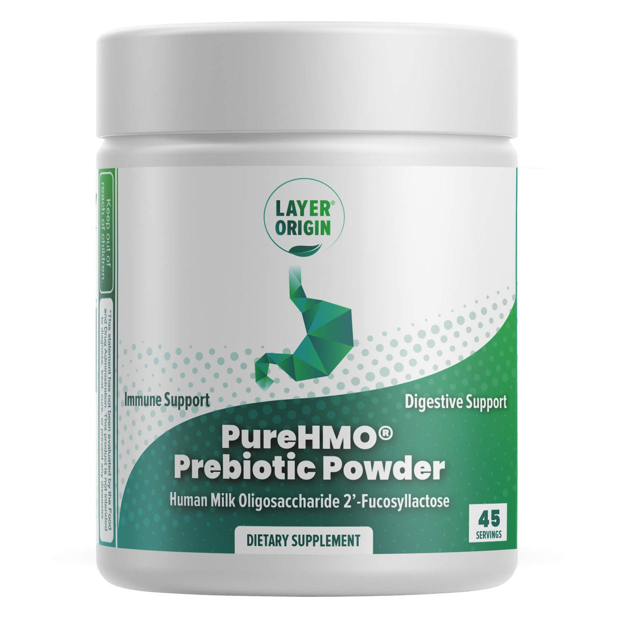 Layer Origin PureHMO jar with powder for gut health support