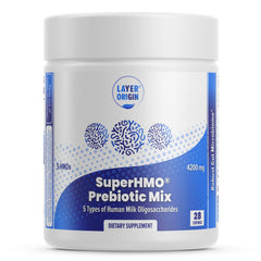 Layer Origin SuperHMO bottle label highlighting multi-HMO blend for gut balance and daily support.