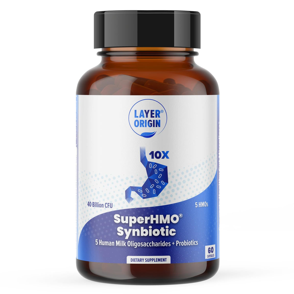 Layer Origin SuperHMO capsules for daily gut support and synbiotic blend