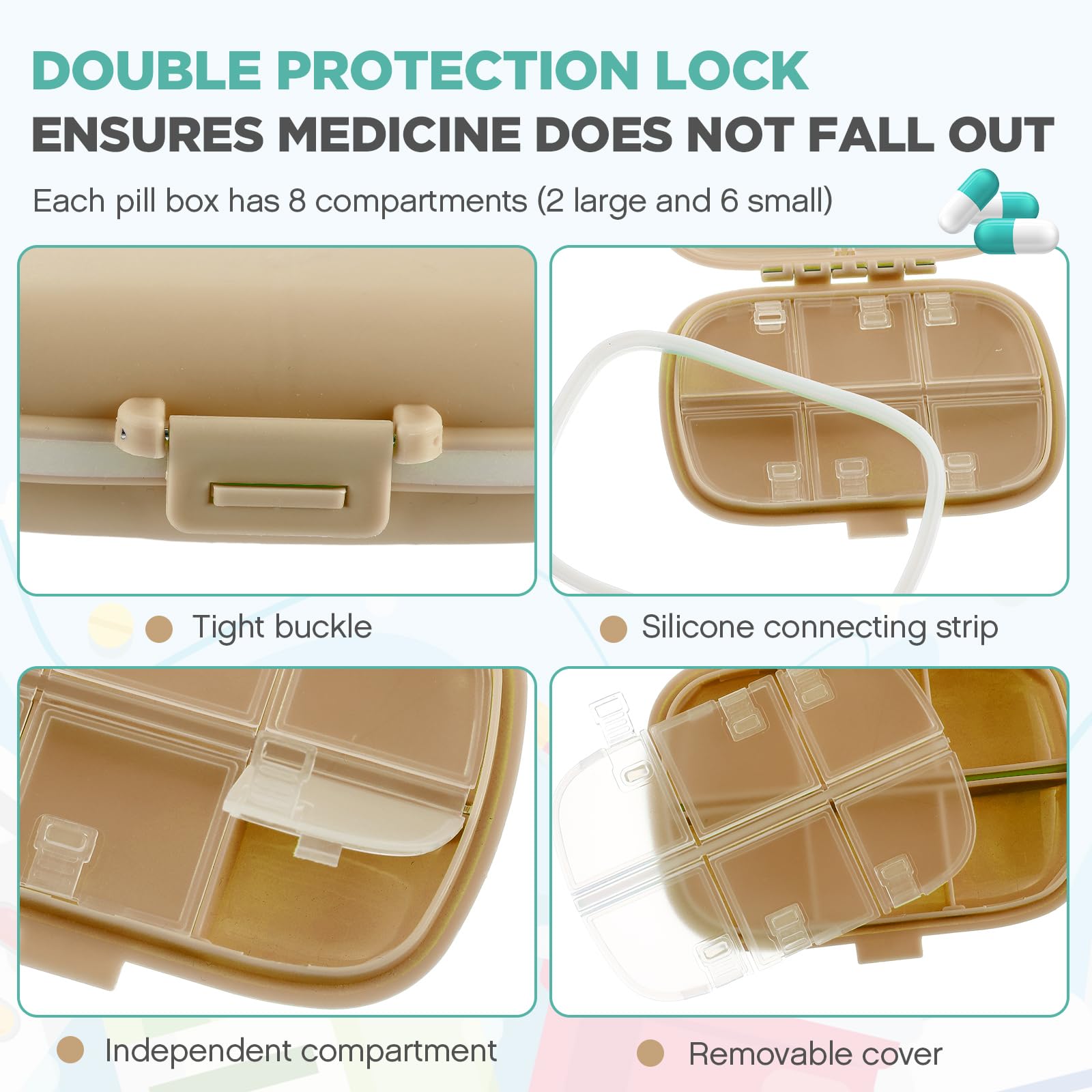 Layhit travel pill organizer in khaki highlighting compact travel-friendly design