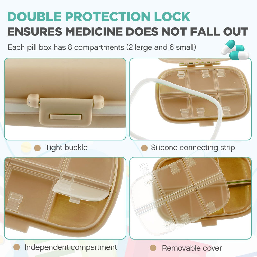 Layhit travel pill organizer in khaki highlighting compact travel-friendly design
