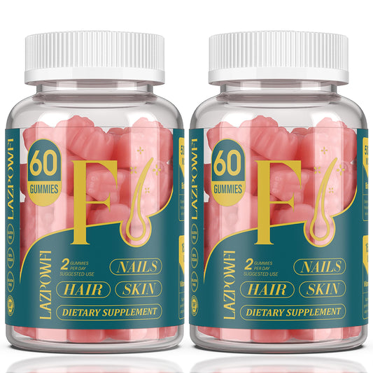 Lazpowfi Biotin Gummies bottle view showing vegan hair, skin, and nail support.