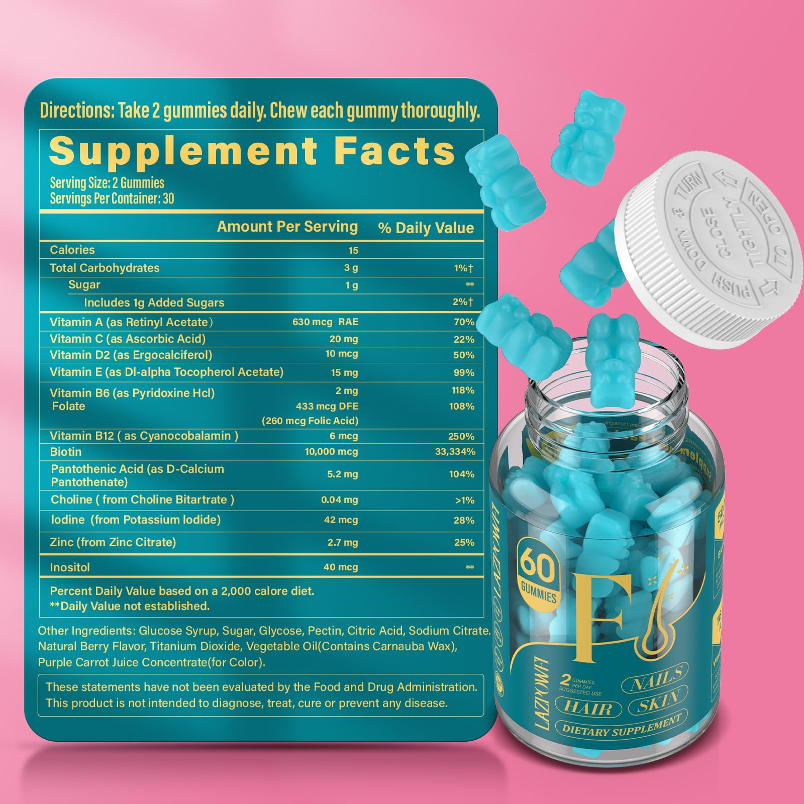 Lazpowfi Biotin Gummies on a kitchen counter suggesting simple daily use.