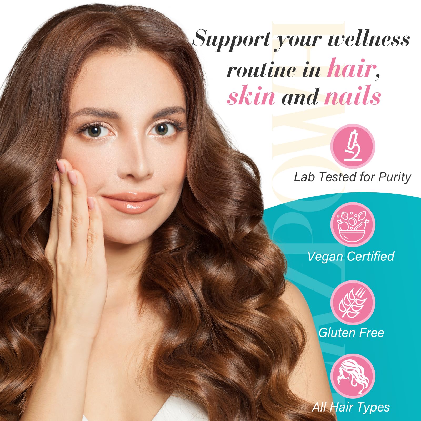 Lazpowfi Biotin Gummies ingredients panel highlights vegan B7 and antioxidants.