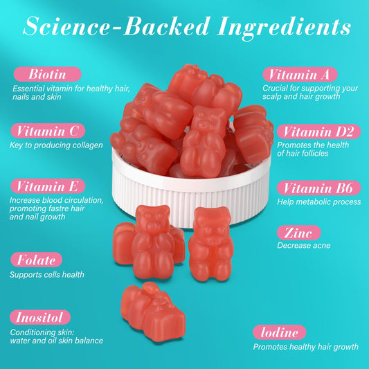 Lazpowfi Biotin Gummies packaging opened to show 60-day supply and strawberry flavor.
