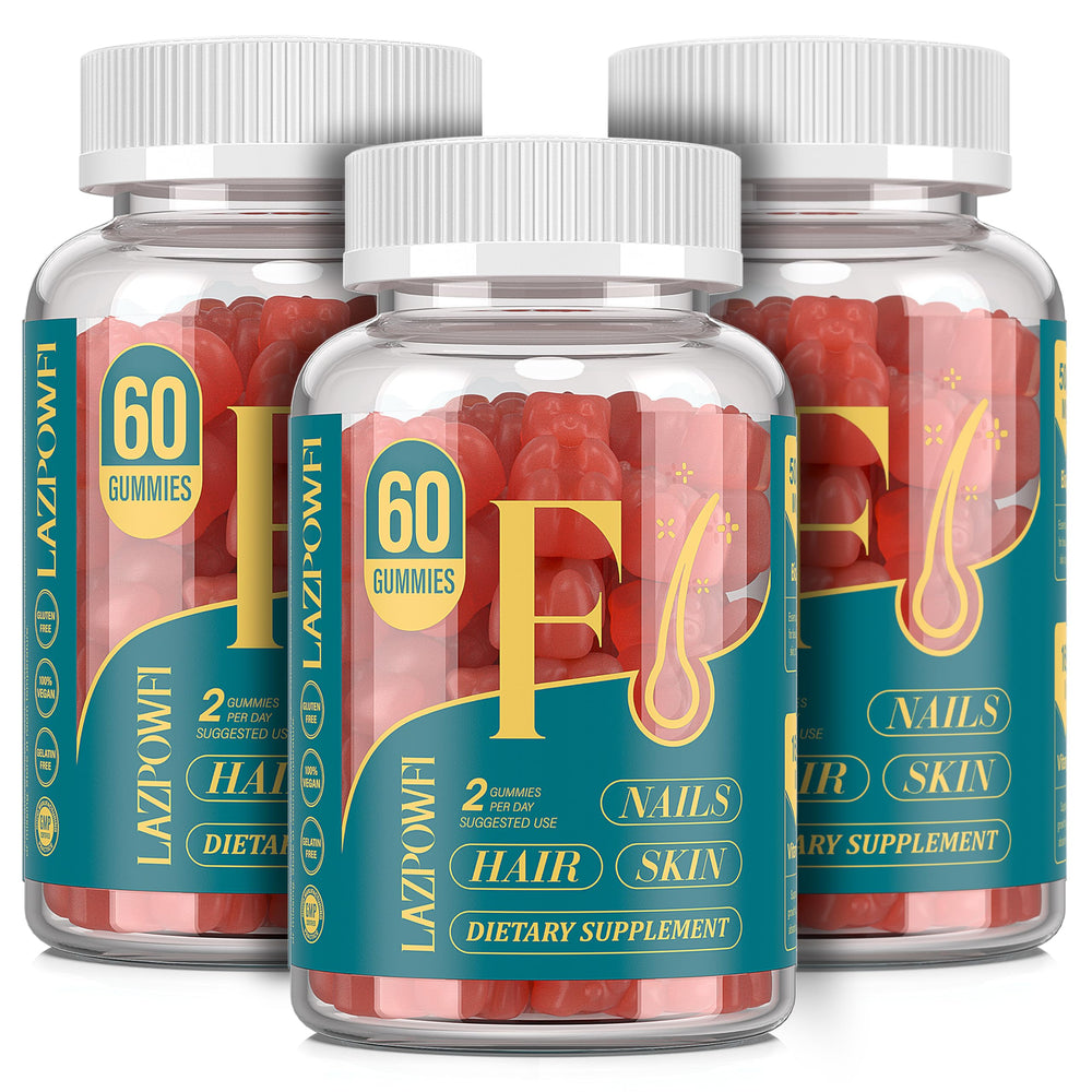 Lazpowfi Biotin Gummies strawberry bottle front view for daily hair and nail support.