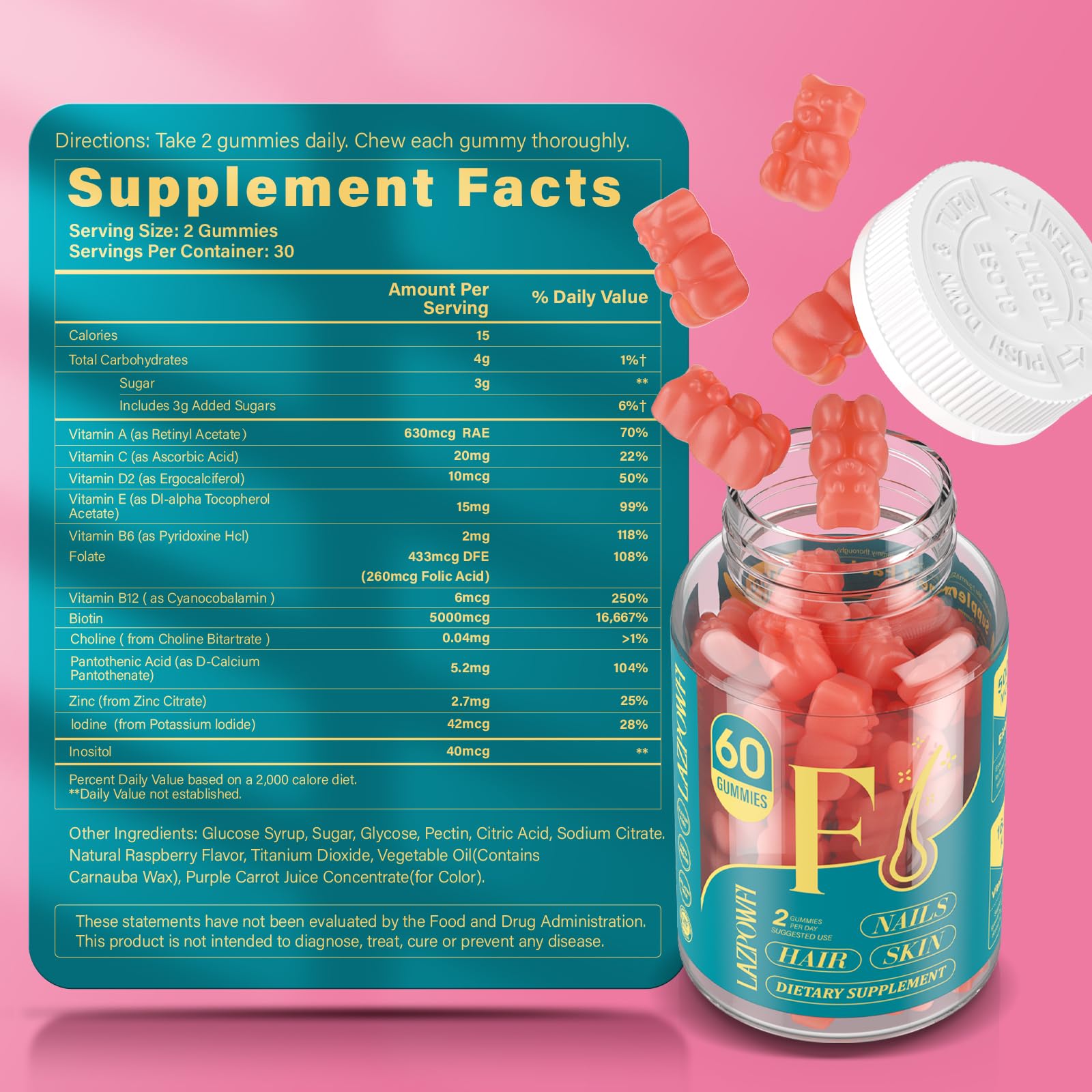 Lazpowfi Biotin Gummies health glow for hair, skin, and nails.