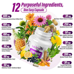 Lazpowfi capsules closeup highlight easy-to-swallow vegan tablets for ongoing lymph support.
