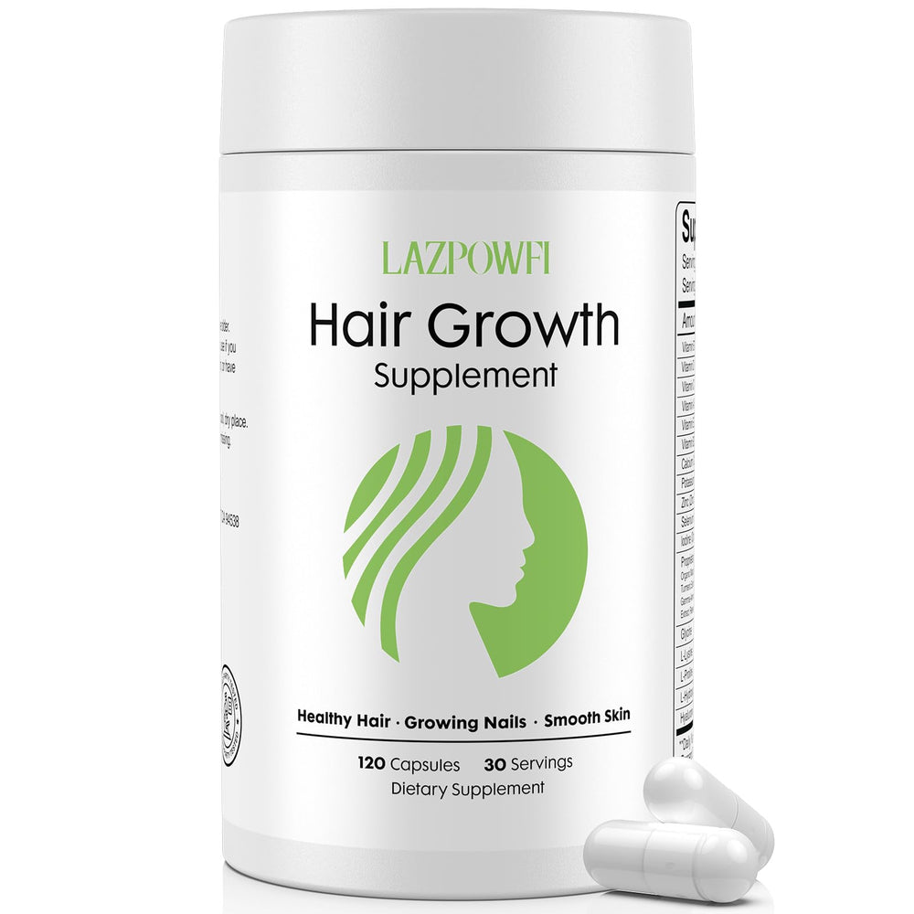 Lazpowfi hair growth supplement bottle with pills for thicker hair support.
