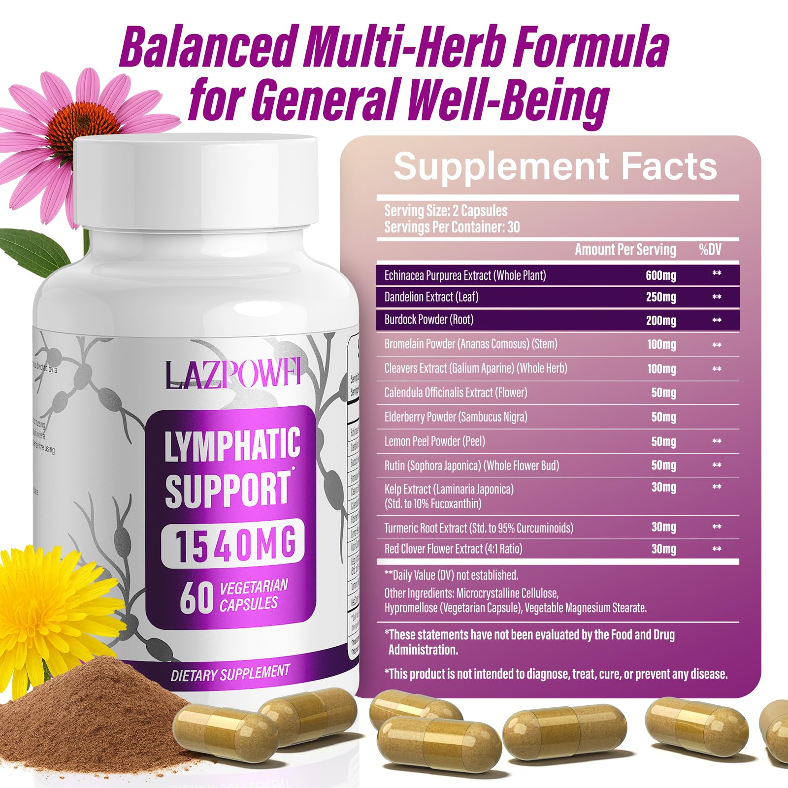 Lazpowfi ingredients panel highlights dandelion, burdock, echinacea for holistic wellness.