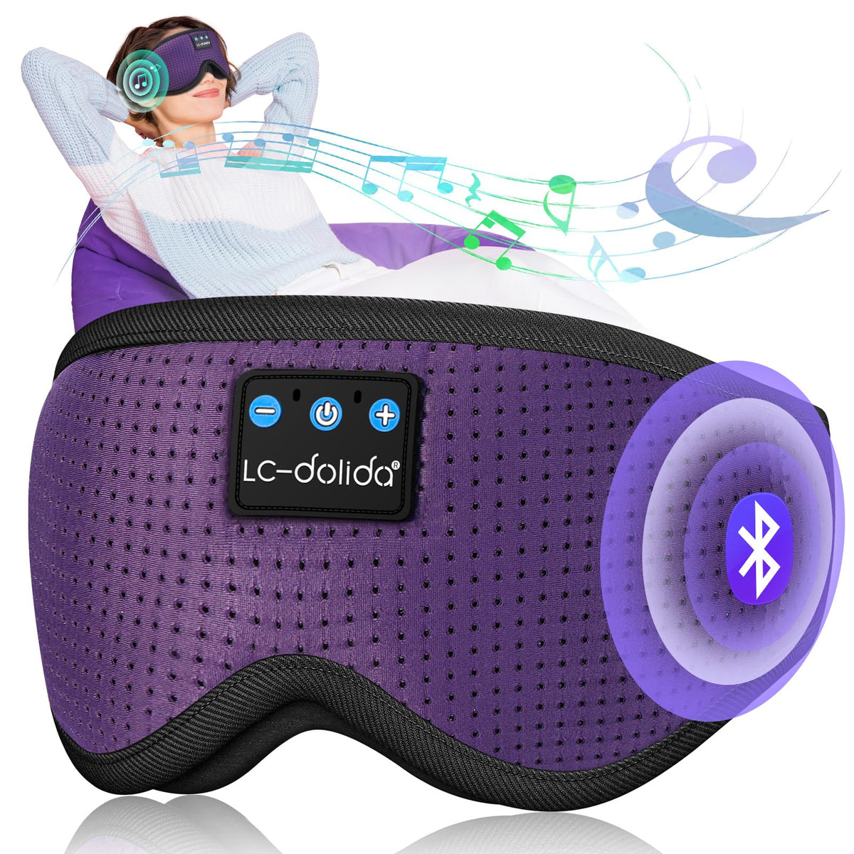 LC-dolida sleep mask with Bluetooth headphones showcasing ergonomic 3D contour for side sleepers.