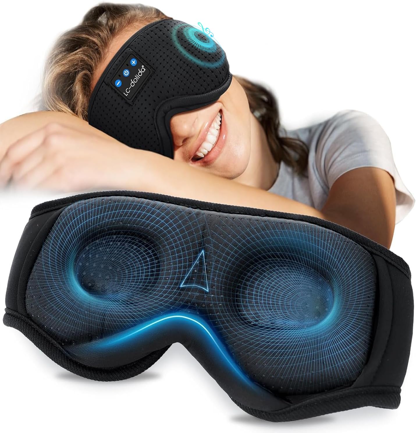 LC-dolida sleep mask with Bluetooth headphones blocks light for focused listening.