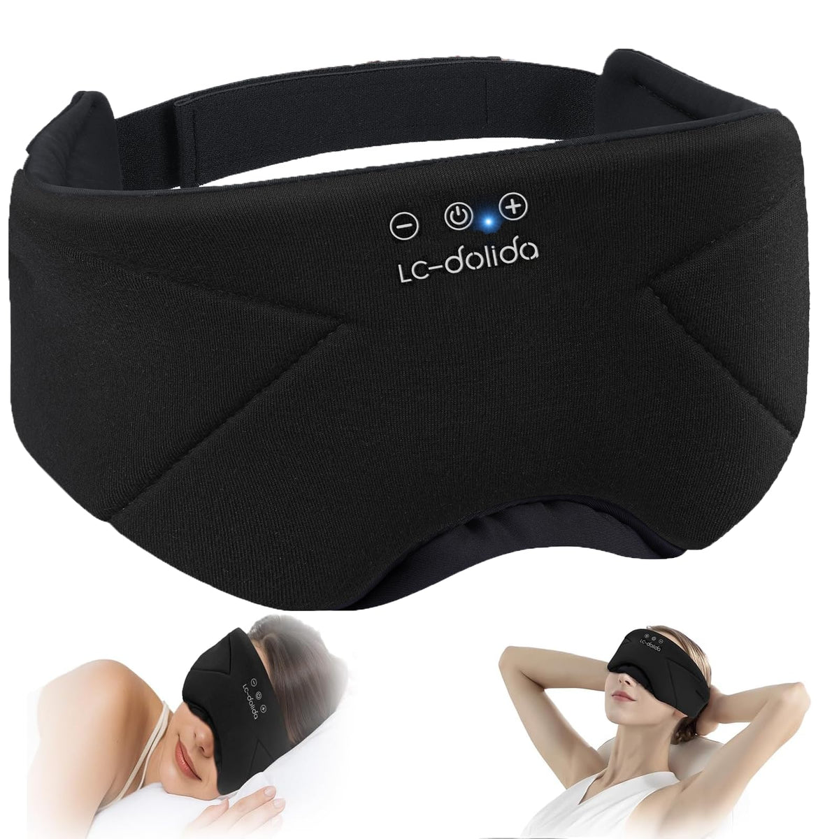 LC-dolida sleep mask headphones close-up showing integrated speakers for immersive audio during travel
