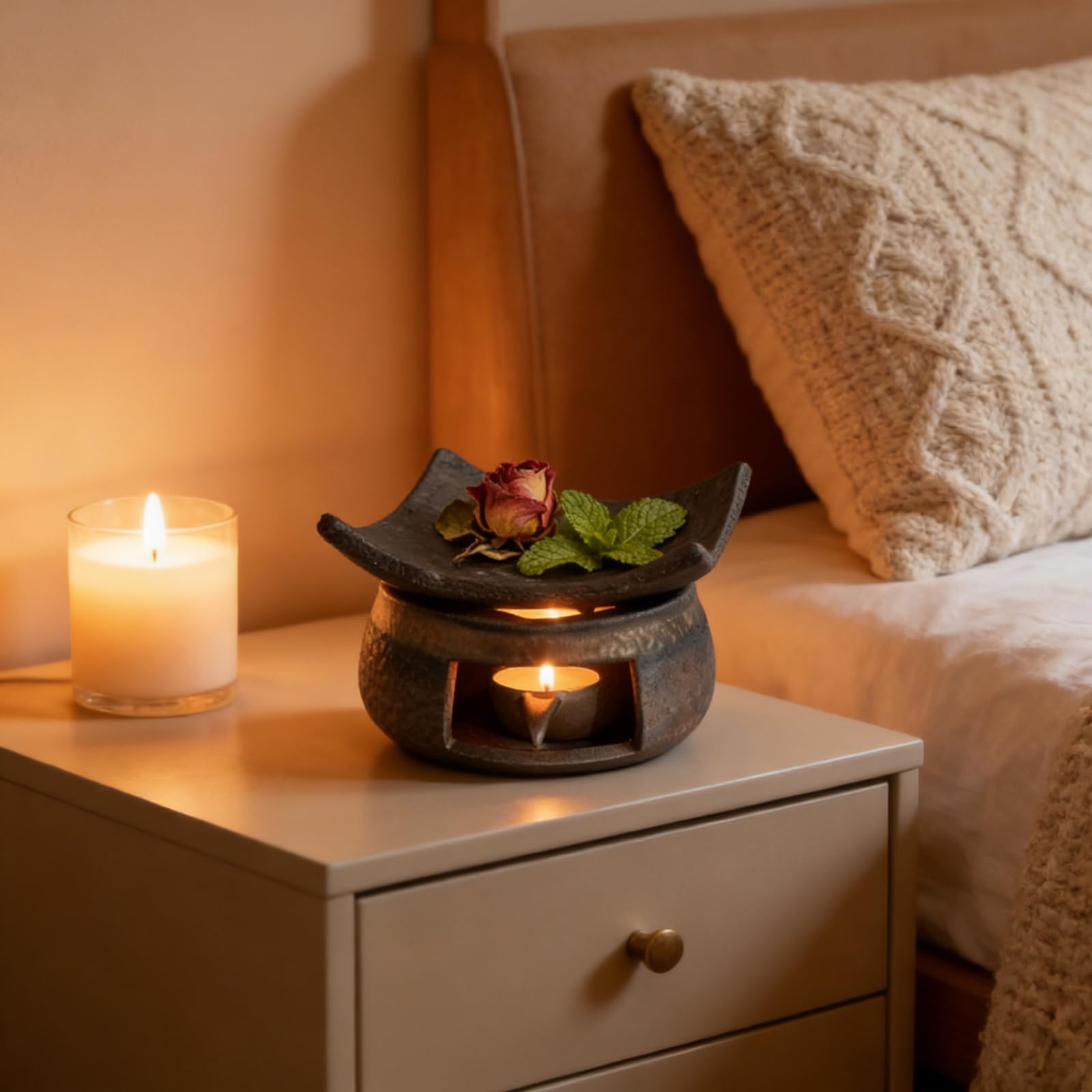 LDGSUPH Ceramic Burner with natural Thuja wood coaster supports stable, cozy tea-time ambiance.