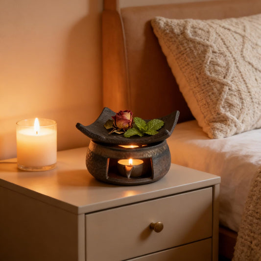 LDGSUPH Ceramic Burner with natural Thuja wood coaster supports stable, cozy tea-time ambiance.