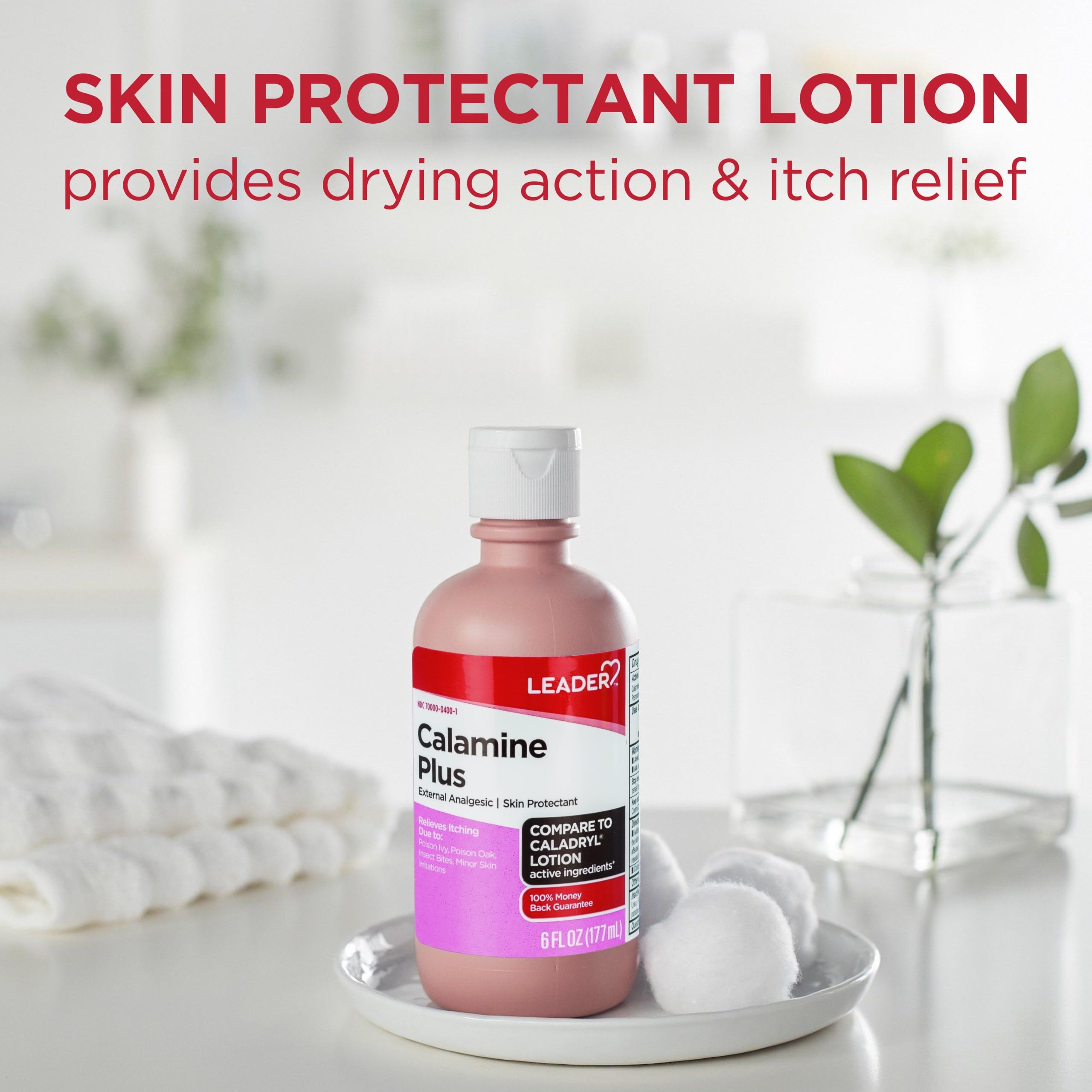 Leader Calamine Lotion dispense cap demonstrates easy, controlled application for rash-prone areas