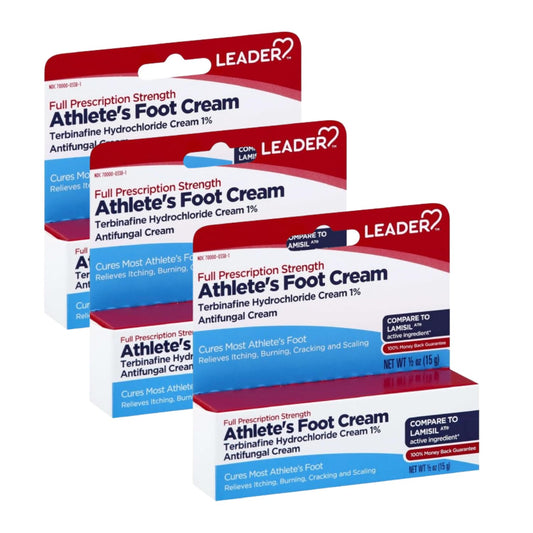 Leader Medicated Cream tube with 1% clotrimazole for targeted foot care.