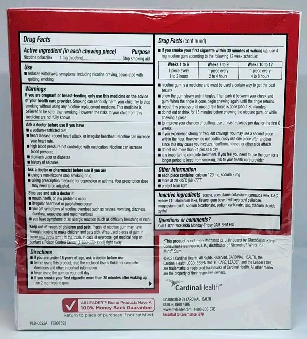 LEADER Nicotine Gum 4 mg mint, coated texture for easy handling during cravings.