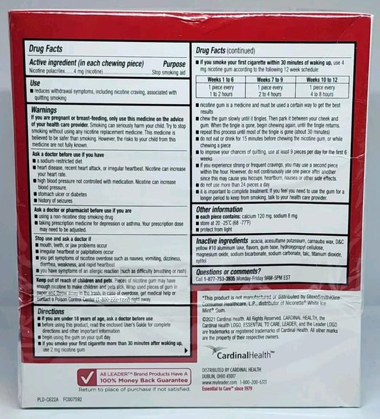 LEADER Nicotine Gum 4 mg mint, coated texture for easy handling during cravings.