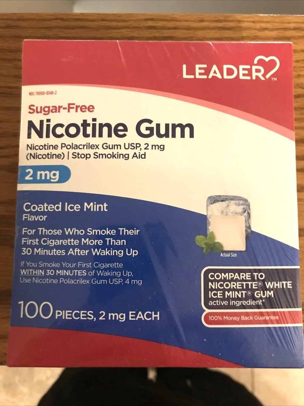 Leader Nicotine Gum Ice Mint 2 mg packaging front for quit support.