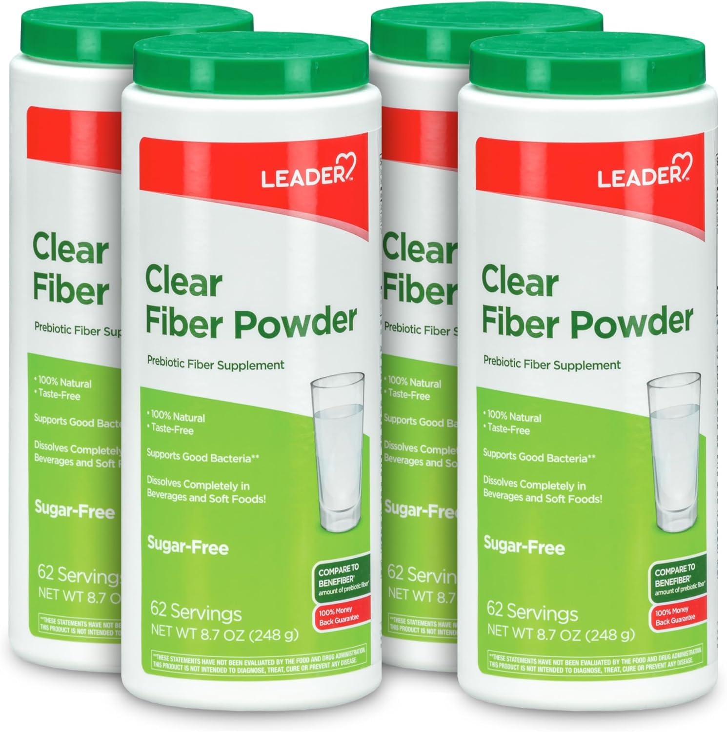 Leader prebiotic fiber powder packaging shows unflavored daily formula for gut support