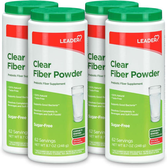 Leader prebiotic fiber powder packaging shows unflavored daily formula for gut support