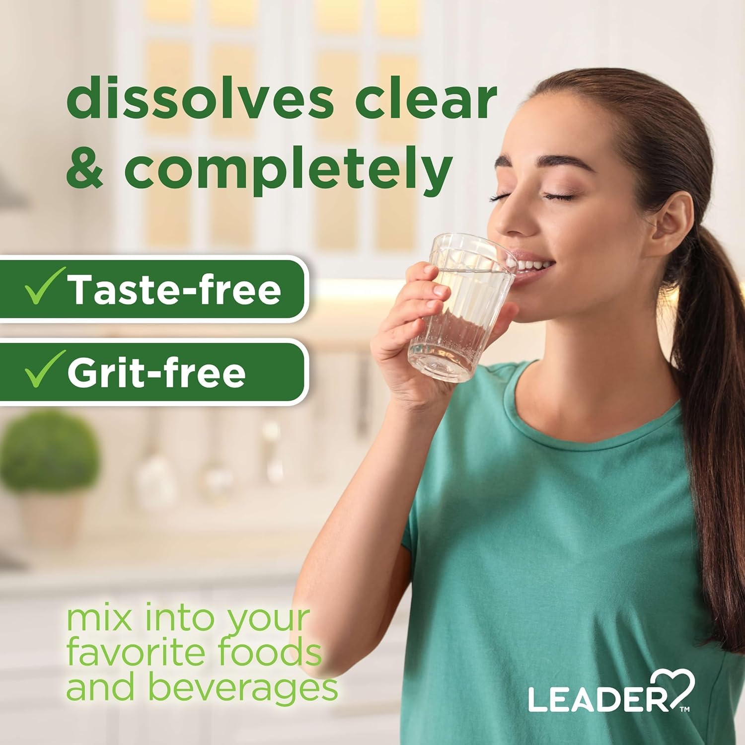 LEADER prebiotic fiber powder ready to mix into beverages for daily use.