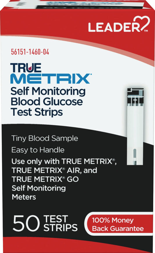 Leader True Metrix test strips box for reliable glucose testing on the go.