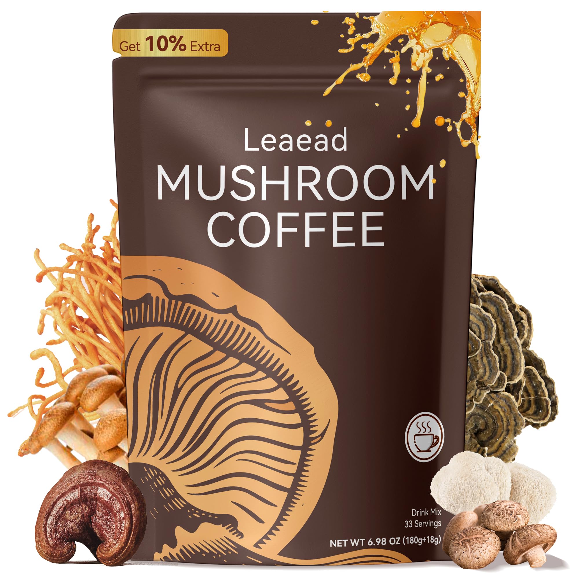 Leaead Organic Mushroom Coffee bottle pour promotes steady energy and focus.