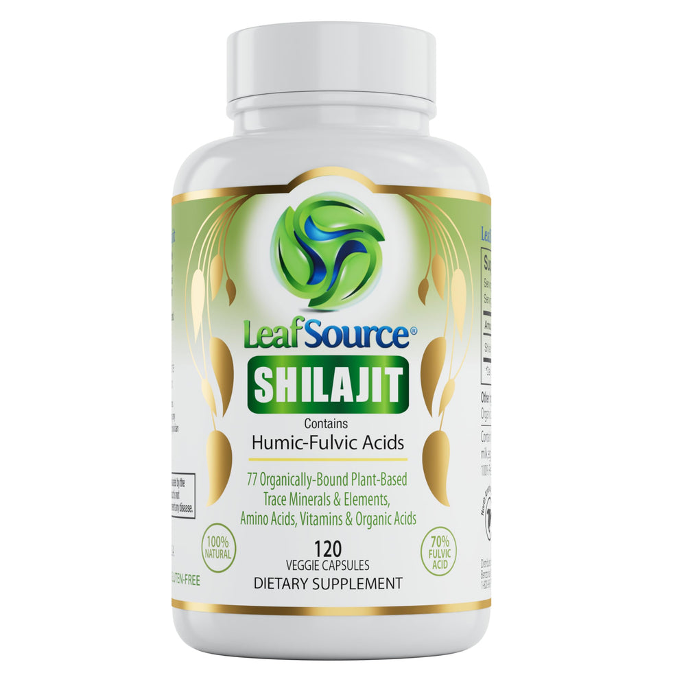 LeafSource Shilajit 120 capsules bottle supports daily energy.