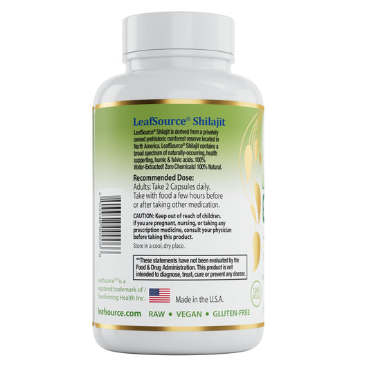 LeafSource Shilajit capsules closeup shows compact supplement form.