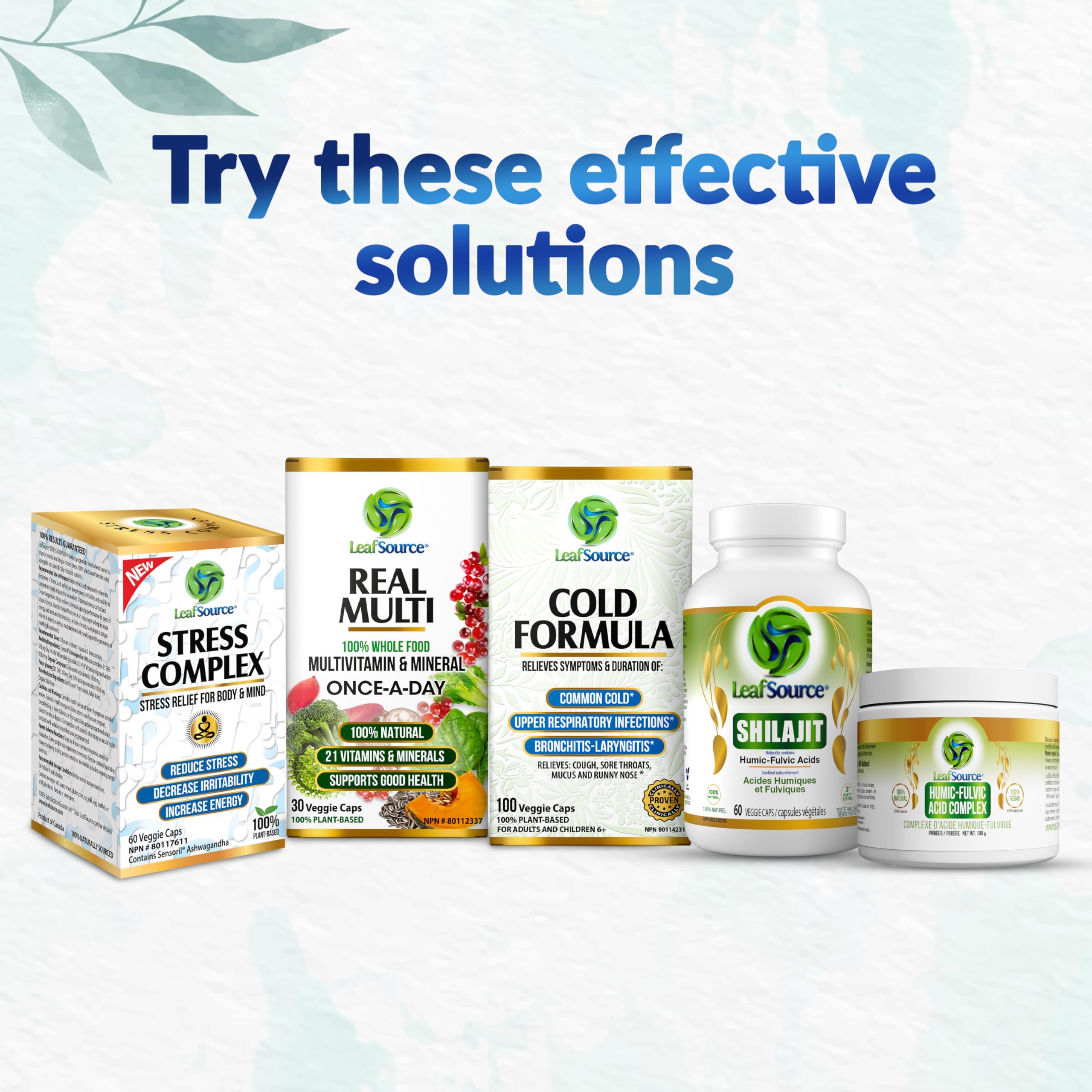 LeafSource Shilajit nutrition panel highlights trace minerals for daily support.