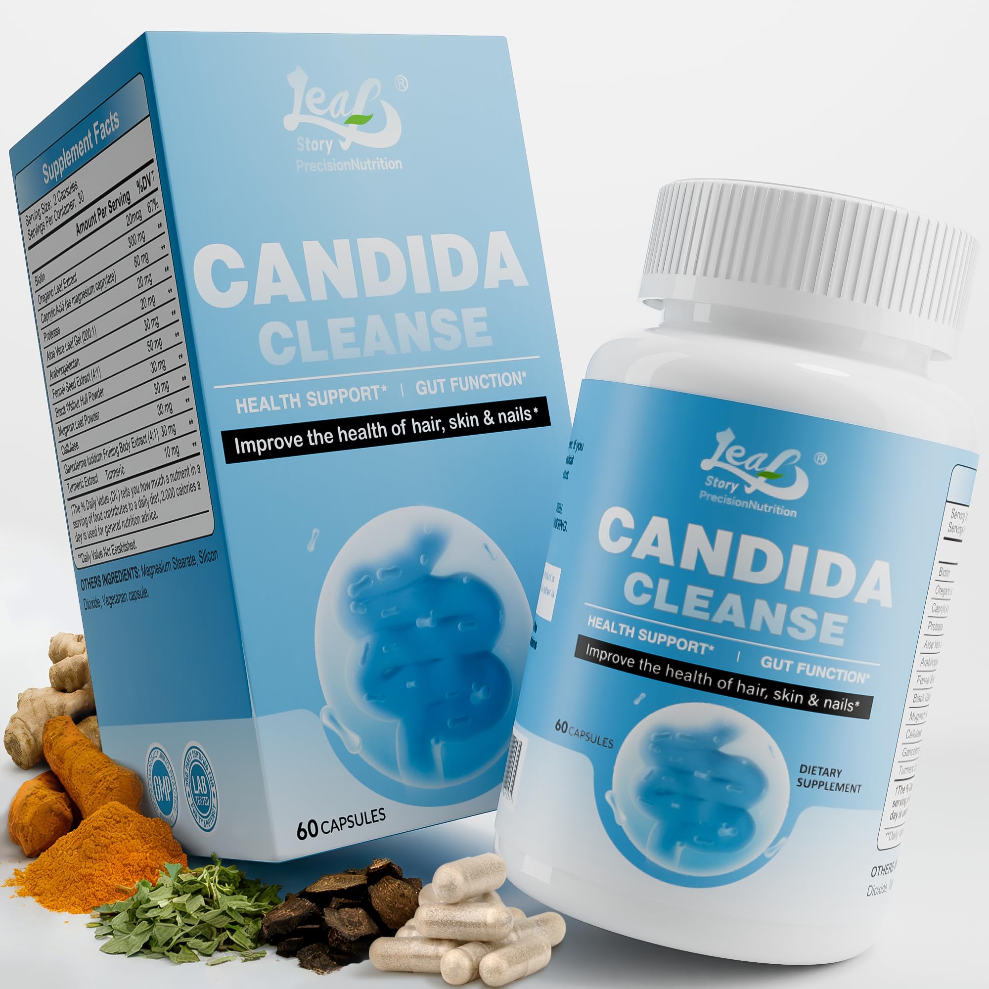 LeafStory Candida Cleanse bottle front promoting gut balance and daily wellness