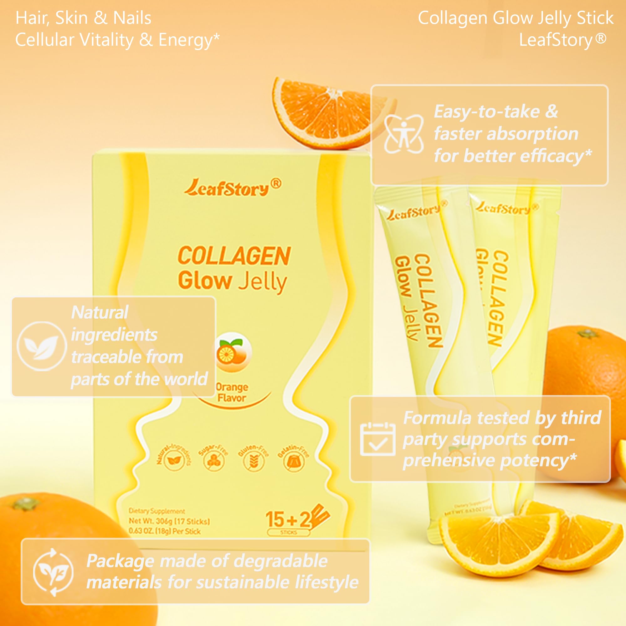 LeafStory bottle with label emphasizes natural ingredients for skin and hair care.
