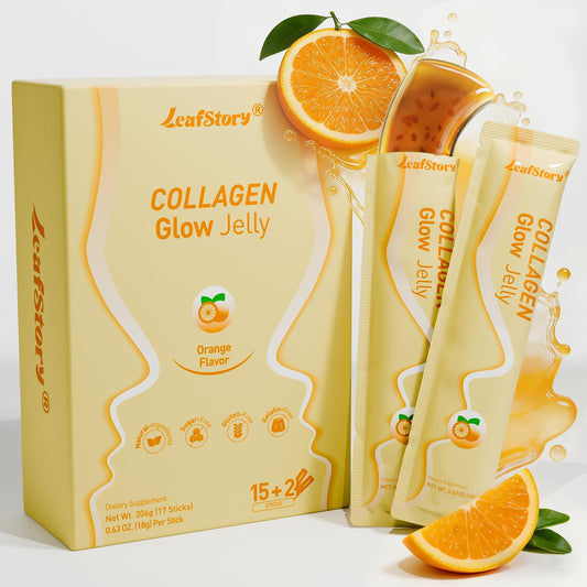 LeafStory Collagen Glow Jelly orange-flavored sticks for convenient daily beauty support.