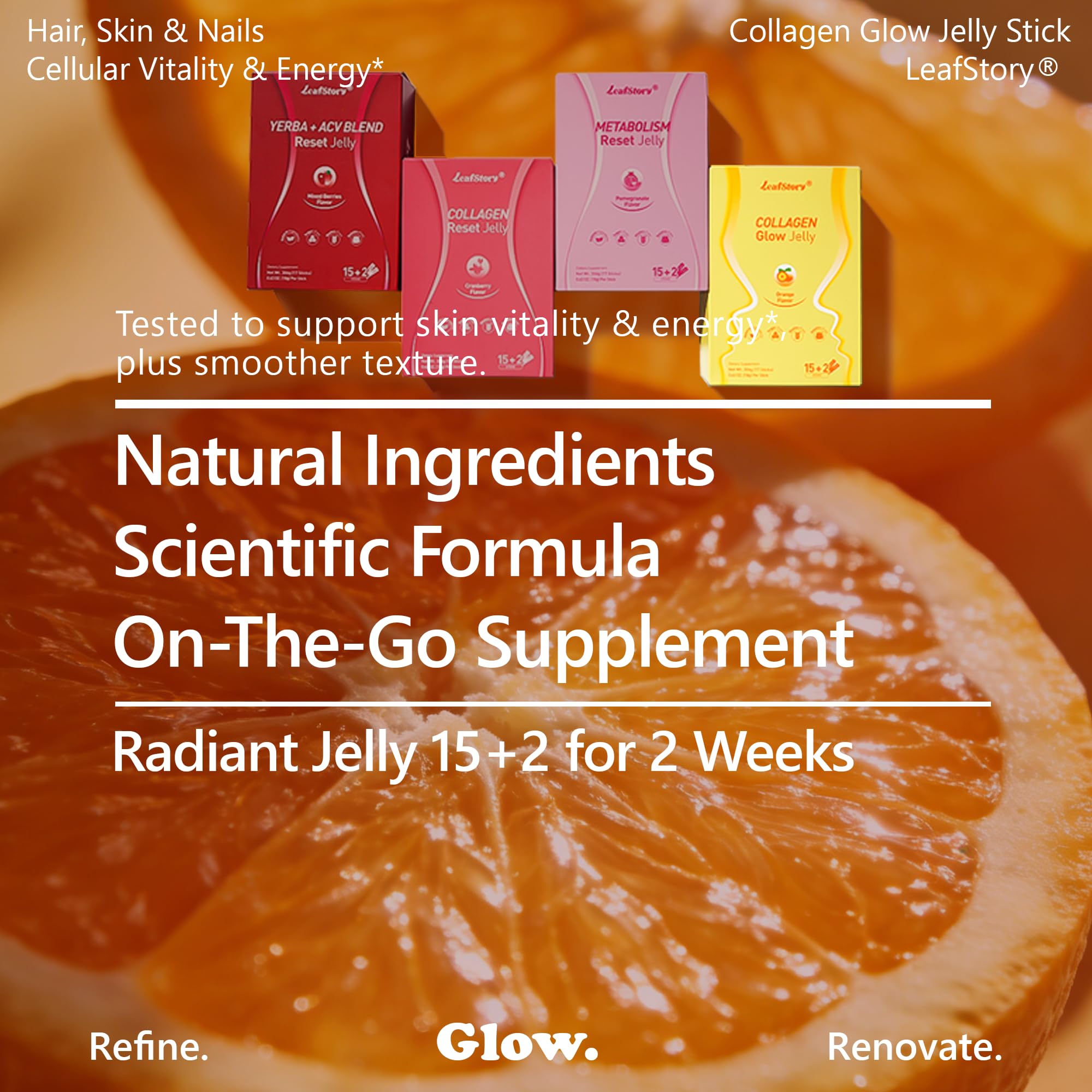 LeafStory natural ingredients icon emphasizes wholesome elements behind the Glow Jelly.