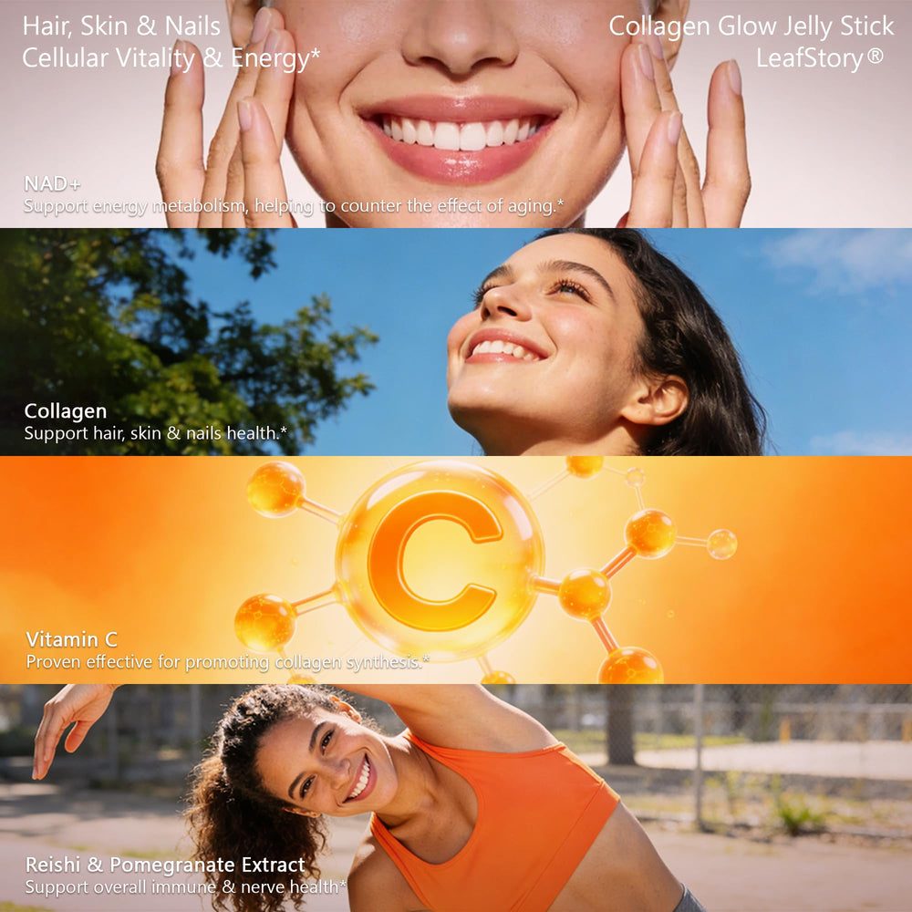 LeafStory skin, hair, and nails benefits visual suggesting a healthy-looking glow.