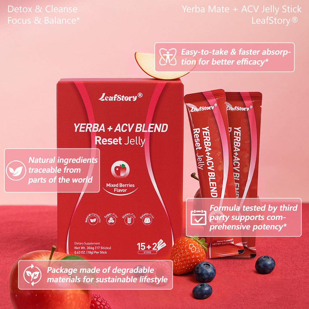 LeafStory Yerba Mate ACV Blend Reset Jelly texture closeup suggests pleasant mouthfeel