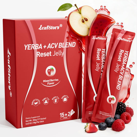 LeafStory Yerba Mate ACV Blend Reset Sticks packaging highlights natural ingredients for daily gut support