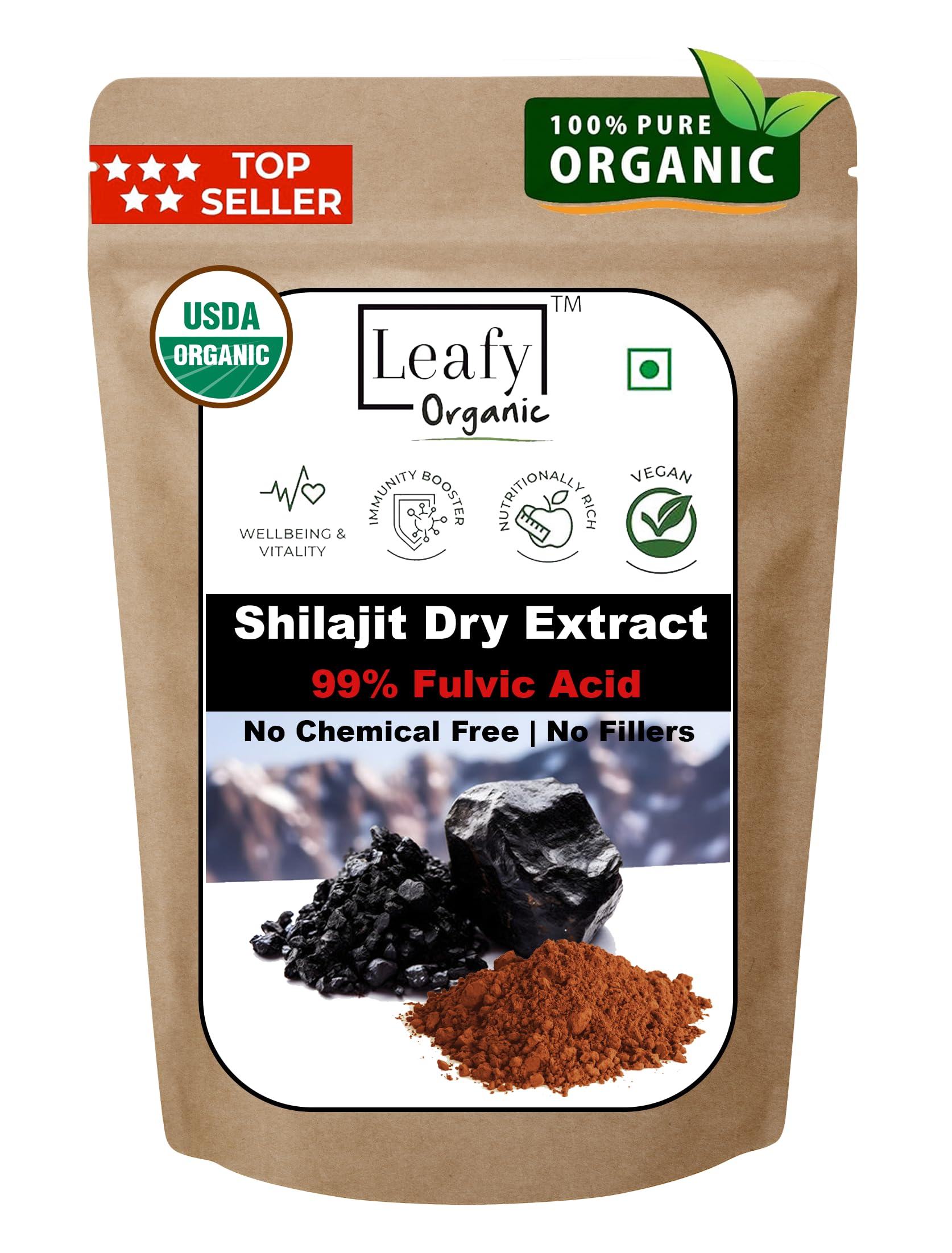 Leafy Organic Shilajit powder in a jar, full-spectrum extract for daily vitality and energy support.